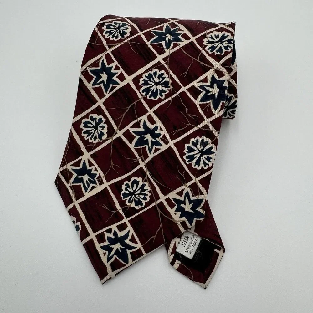 Vintage Gordon Ferguson Burgundy Silk Necktie Navy Blue Abstract Geometric